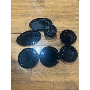 Vintage LE Smith Black Amethyst Ribbed Glass Bowl ,Dishes &Sugar Bowl